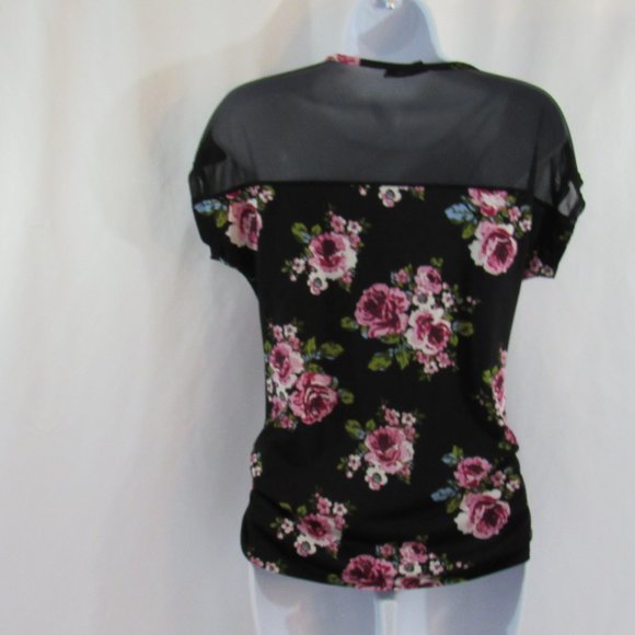 Women's Black, Floral Print, Pullover, Stretch Polyester Top - Size S - DISCREET - Picture 3 of 4